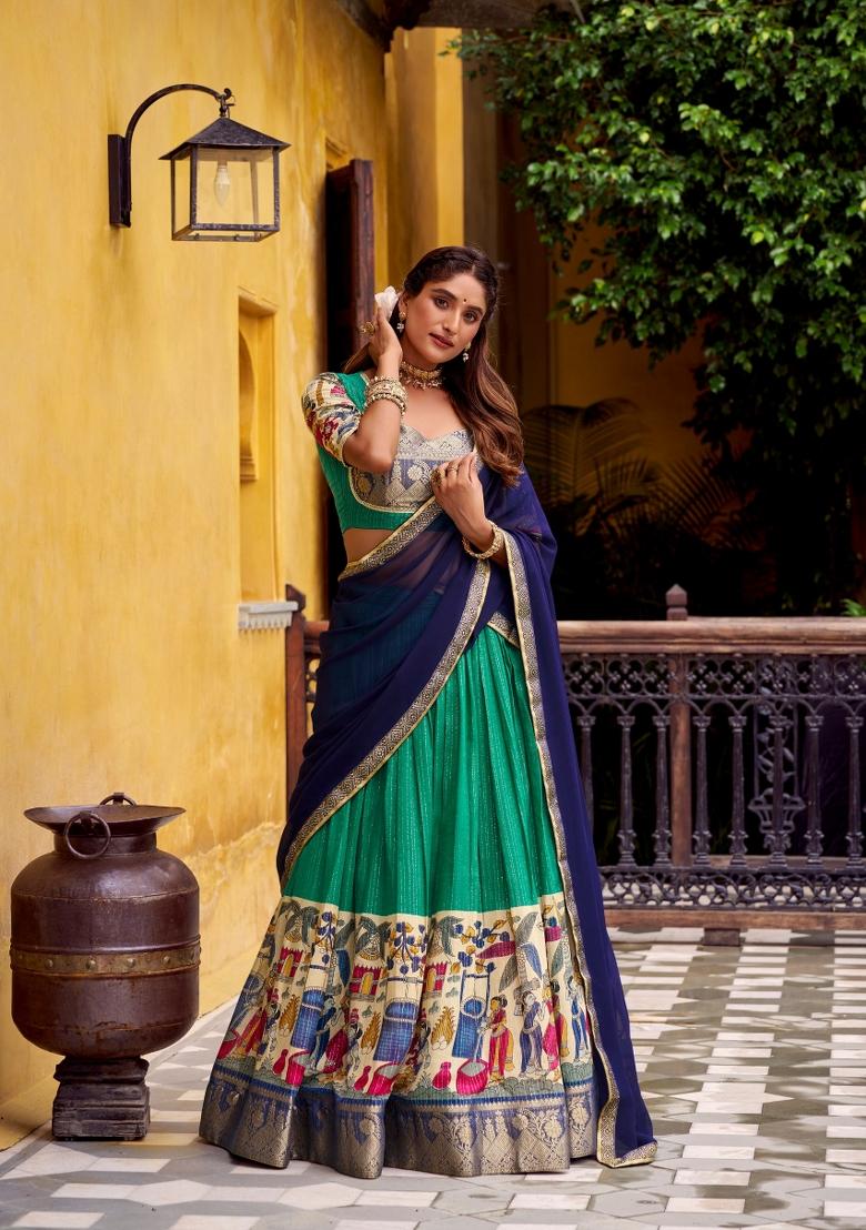 Green Zari Work Chanderi&nbsp; Lehenga Set - Indya