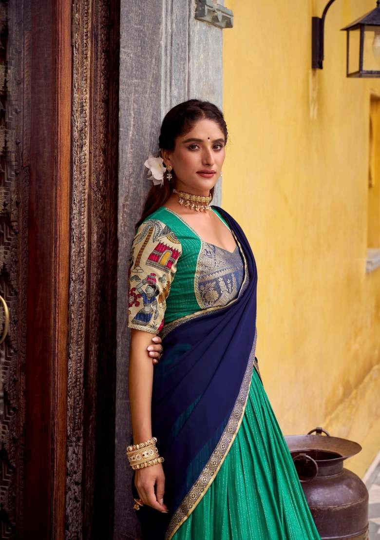 Green Chanderi Lehenga Set with Zari Work for Diwali | Wedding & Festive Wear - Indya