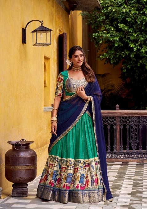 Green Zari Work Chanderi&nbsp; Lehenga Set