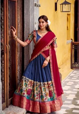 Blue Zari Work Chanderi&nbsp; Lehenga Set