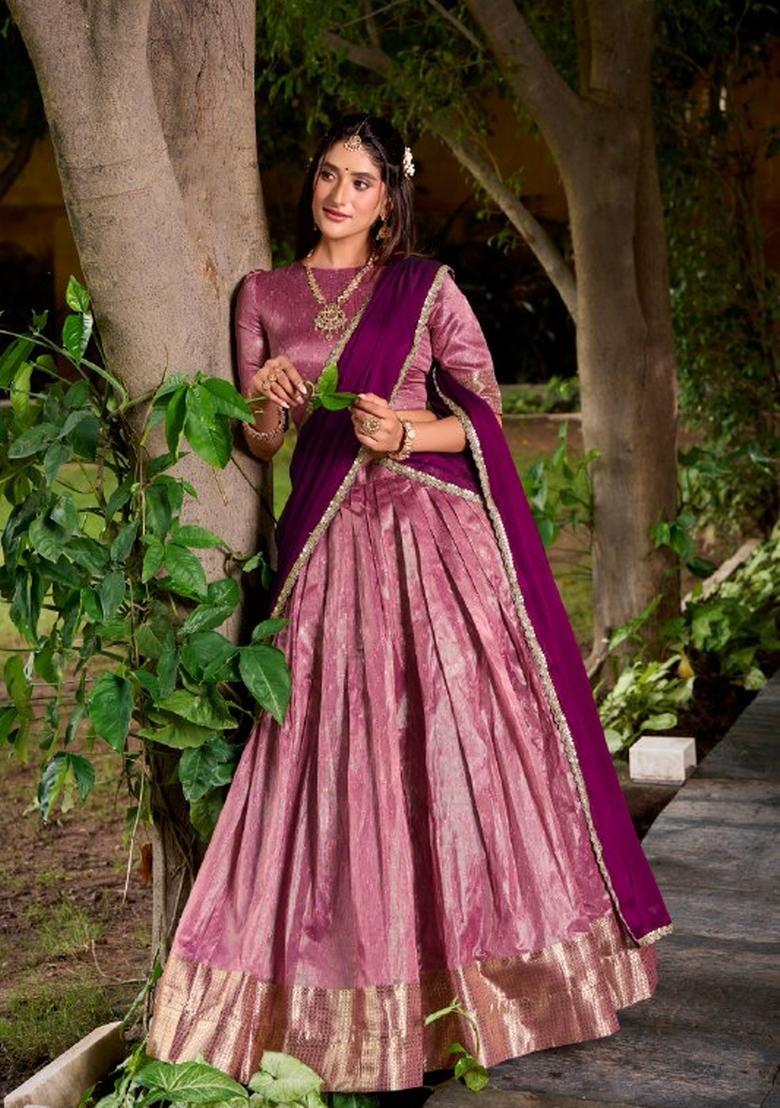 Pink Zari Work Silk Blend Lehenga Set - Indya