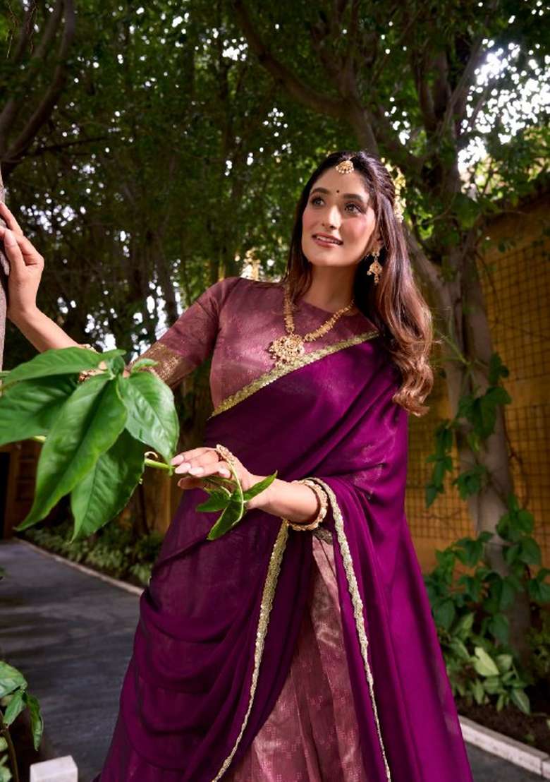 Pink Zari Work Silk Blend Lehenga Set for Diwali and Festive Wear - Indya