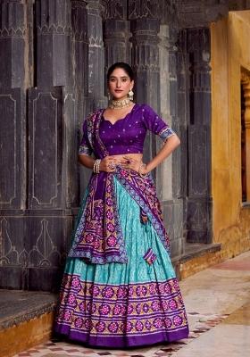 Blue Printed Silk Blend Lehenga Set