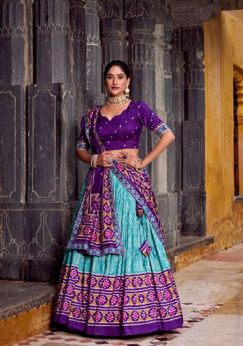 Blue Silk Blend Lehenga Set with Printed for Diwali | Wedding & Festive Wear - Indya