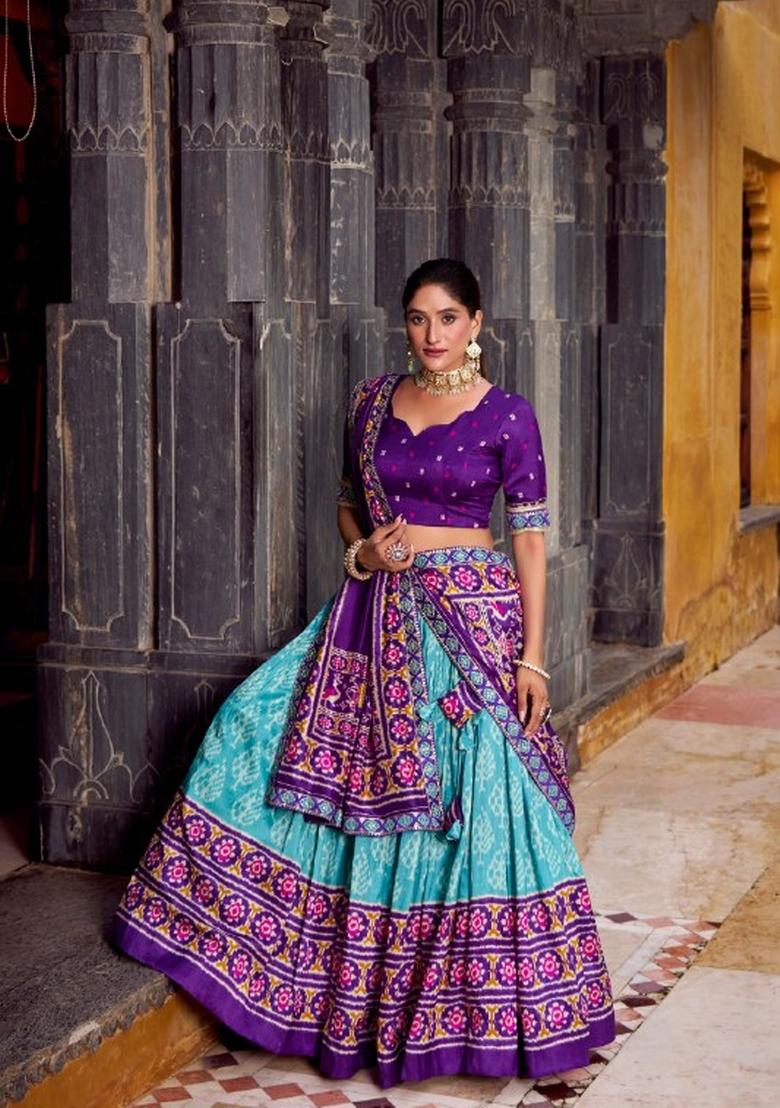 Blue Printed Silk Blend Lehenga Set - Indya