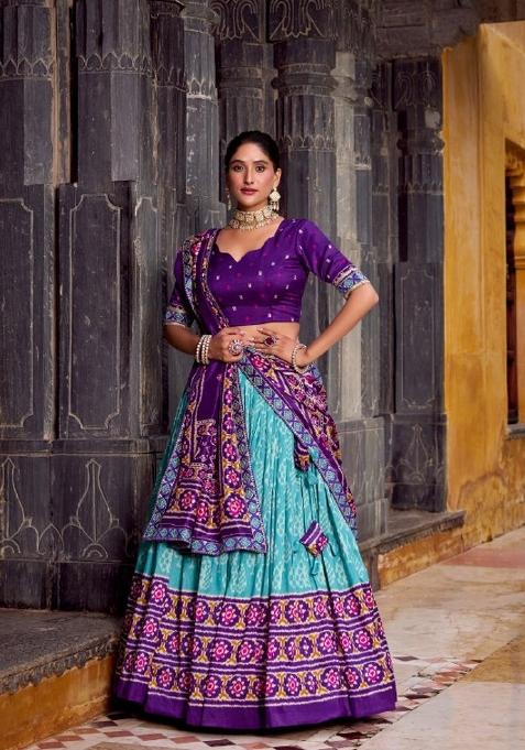 Blue Printed Silk Blend Lehenga Set