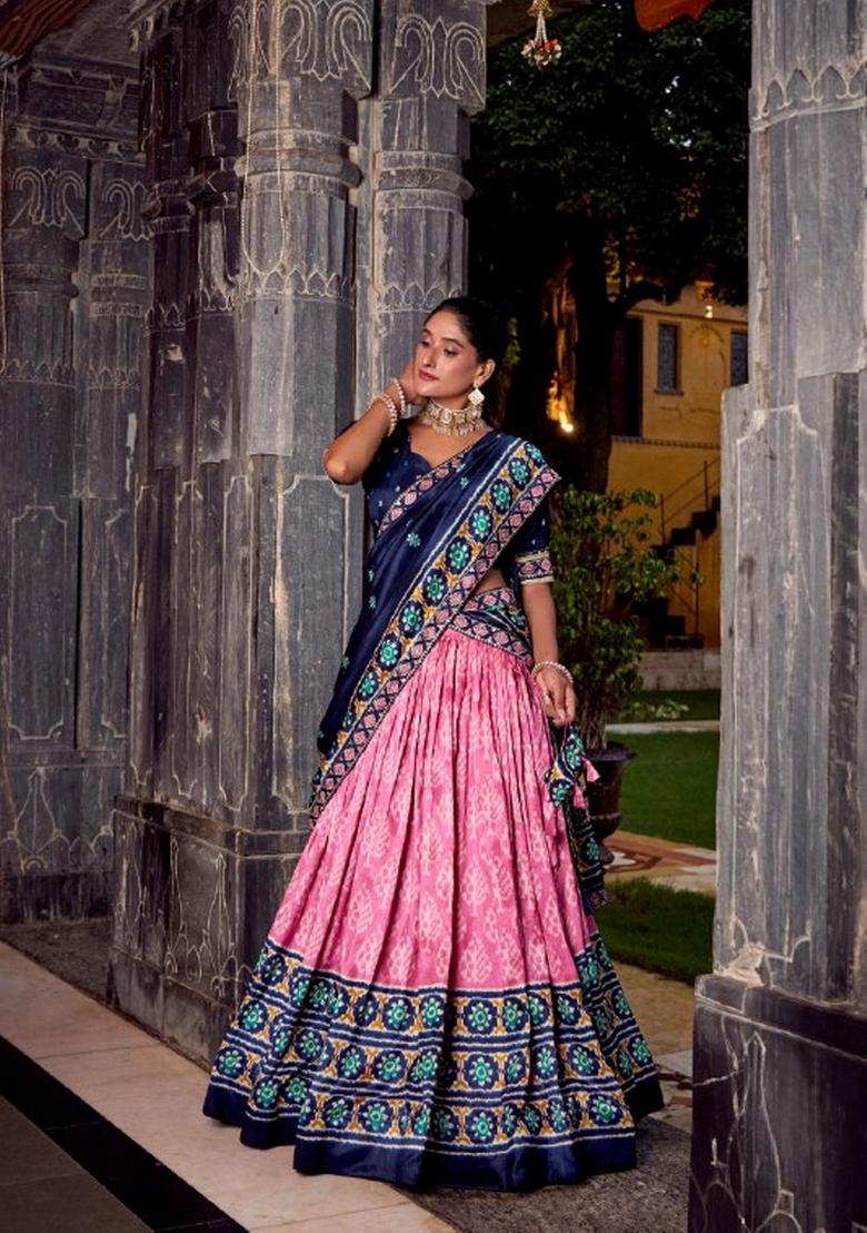Pink Printed Silk Blend Lehenga Set - Indya