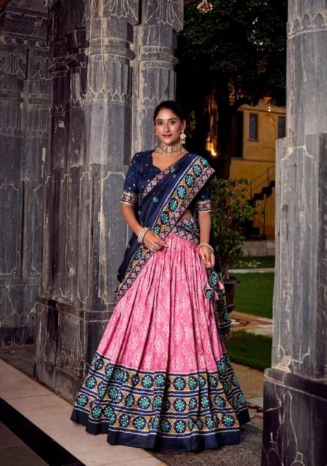 Pink Printed Silk Blend Lehenga Set