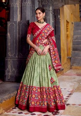 Green Printed Silk Blend Lehenga Set