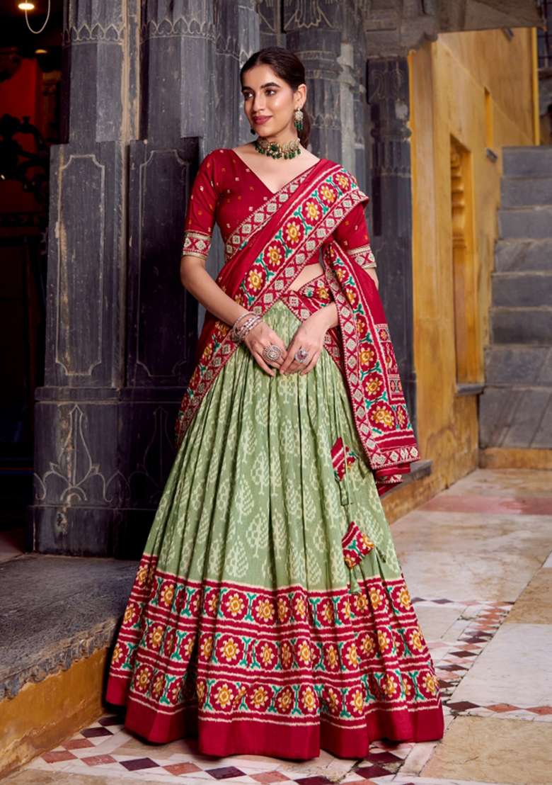 Green Printed Silk Blend Lehenga Set for Diwali and Festive Wear - Indya