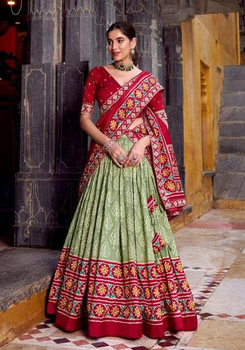 Green Printed Silk Blend Lehenga Set