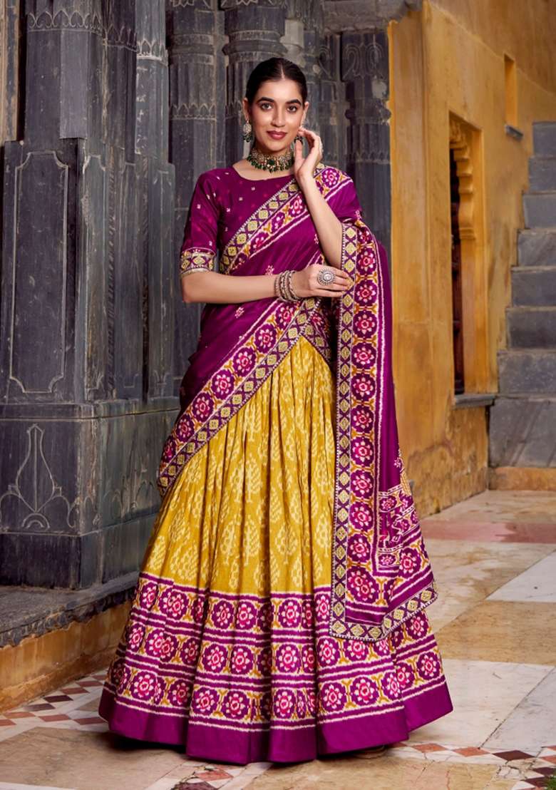 Mustard Printed Silk Blend Lehenga Set for Diwali and Festive Wear - Indya