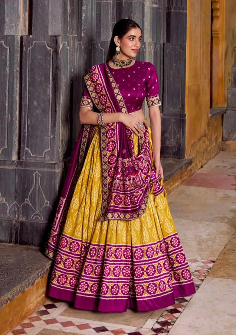 Mustard Printed Silk Blend Lehenga Set - Indya