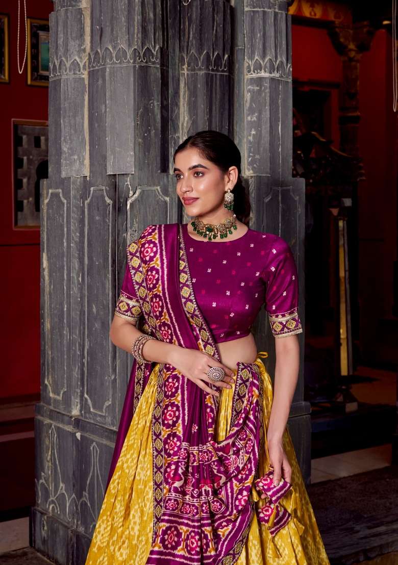 Mustard Printed Silk Blend Lehenga Set for Diwali and Festive Wear - Indya