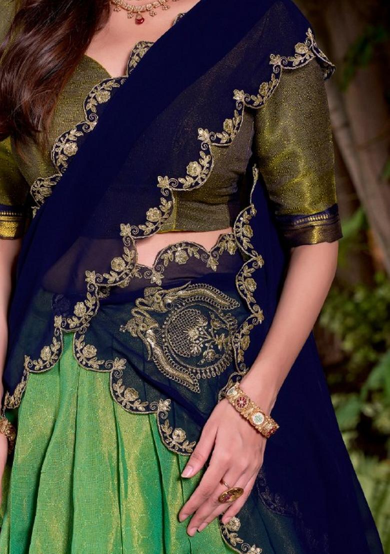 Blue Zari Work Kanchipuram Lehenga Set - Indya