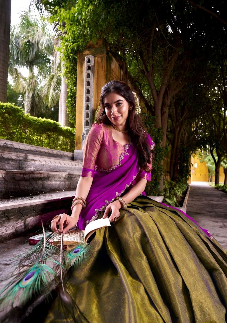 Pink Kanchipuram Lehenga Set with Zari Work for Diwali | Wedding & Festive Wear - Indya