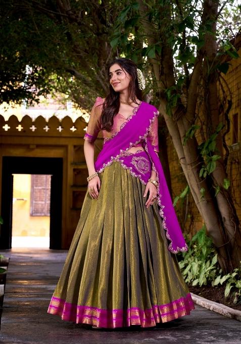 Pink Zari Work Kanchipuram Lehenga Set