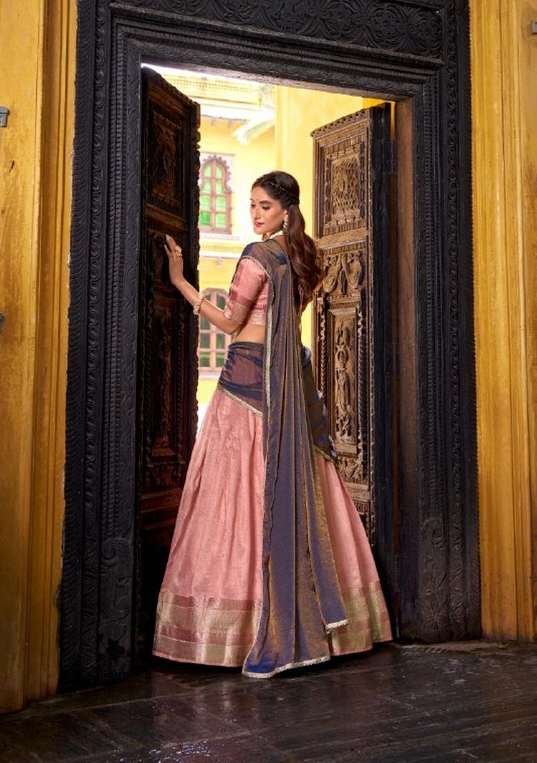 Pink Zari Work Silk Blend Lehenga Set - Indya