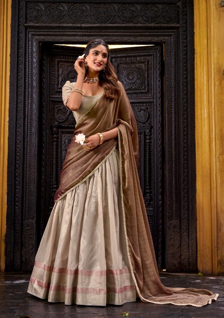 Cream Zari Work Silk Blend Lehenga Set - Indya
