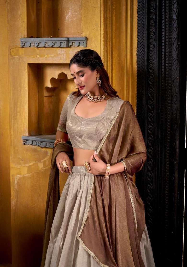 Cream Silk Blend Lehenga Set with Zari Work for Diwali | Wedding & Festive Wear - Indya