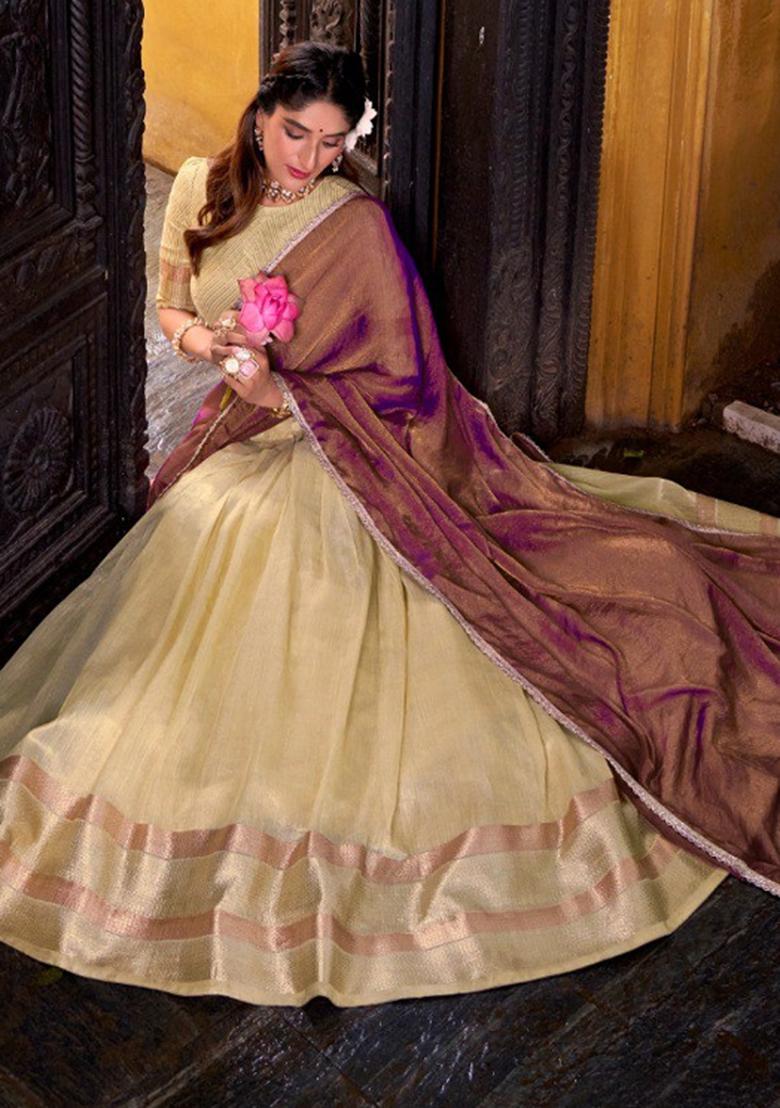 Yellow Zari Work Silk Blend Lehenga Set - Indya