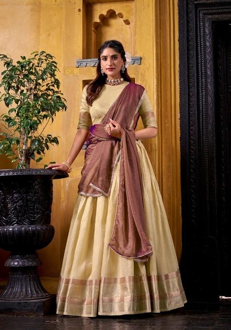 Yellow Zari Work Silk Blend Lehenga Set
