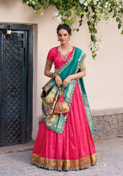 Pink Lace Work Silk Blend Lehenga Set