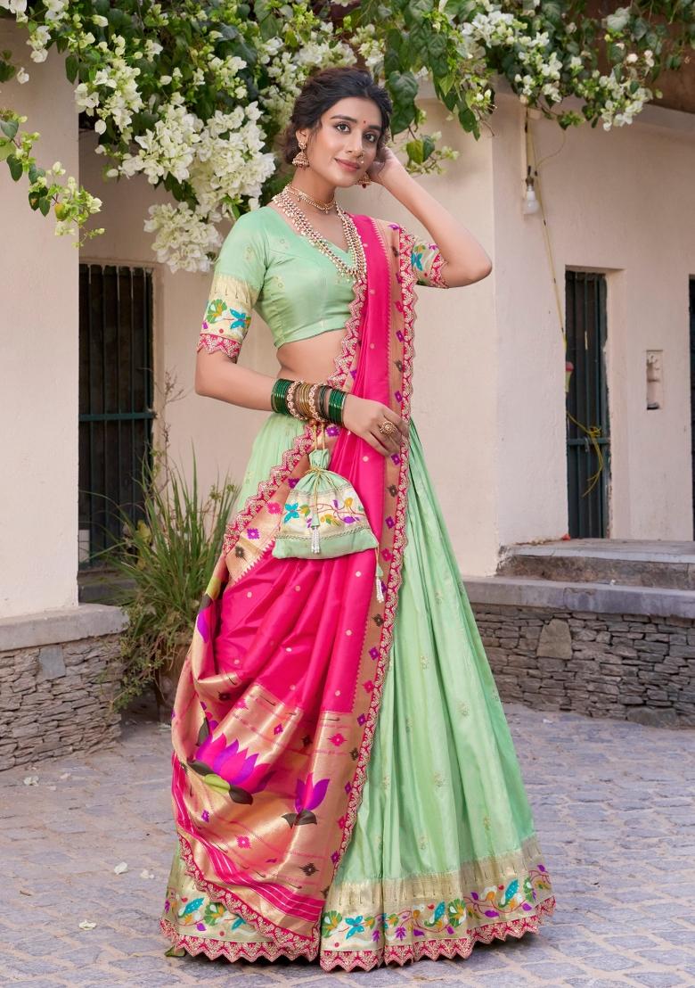 Pista Lace Work Silk Blend Lehenga Set - Indya