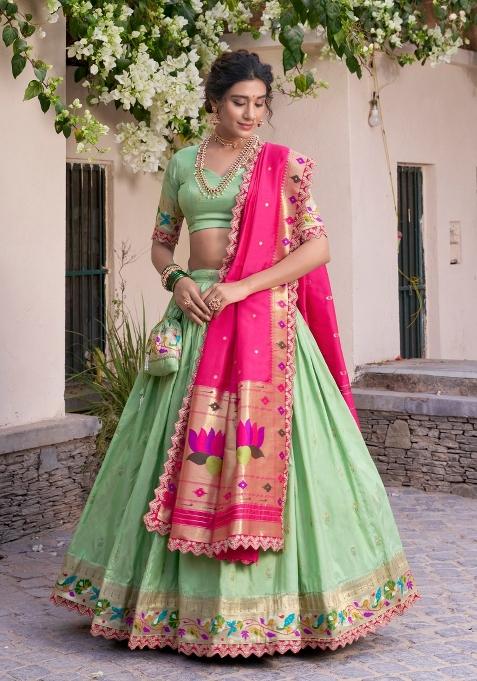 Pista Lace Work Silk Blend Lehenga Set