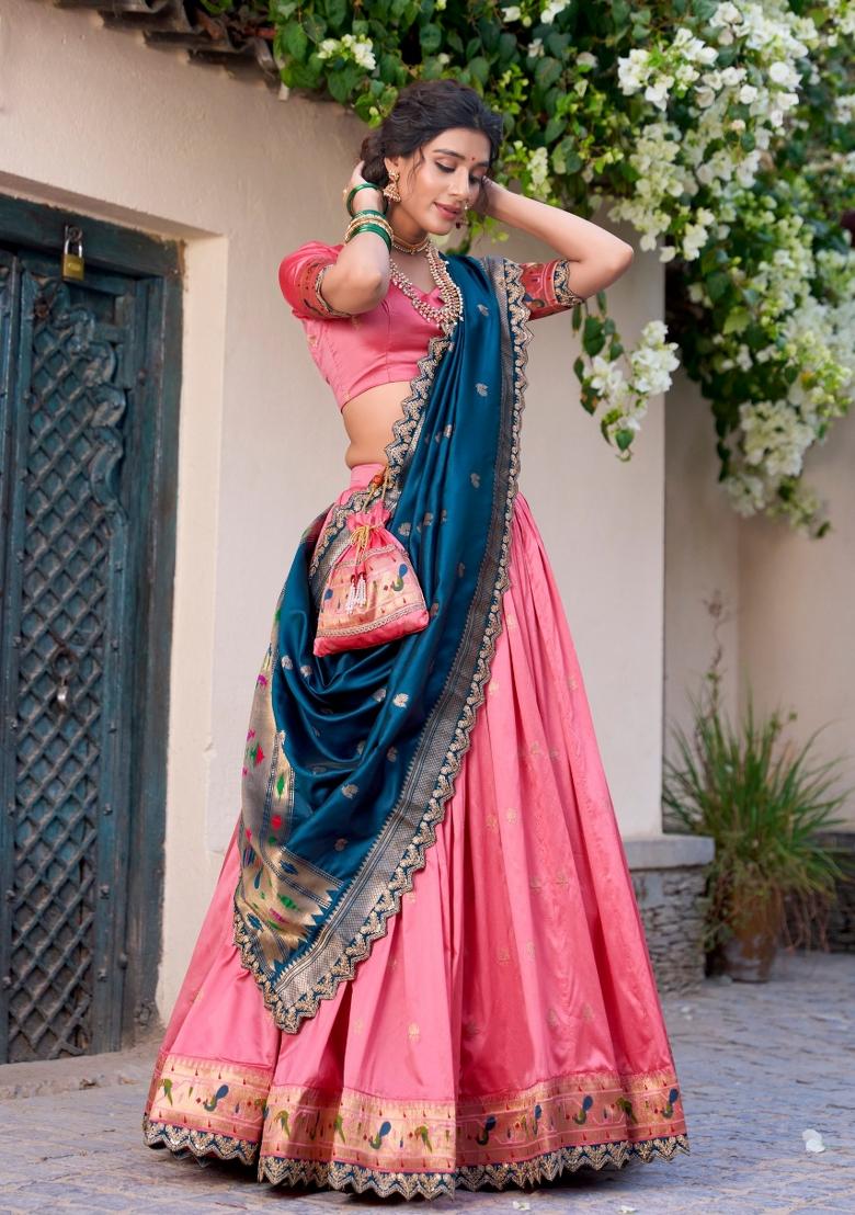 Pink Lace Work Silk Blend Lehenga Set - Indya