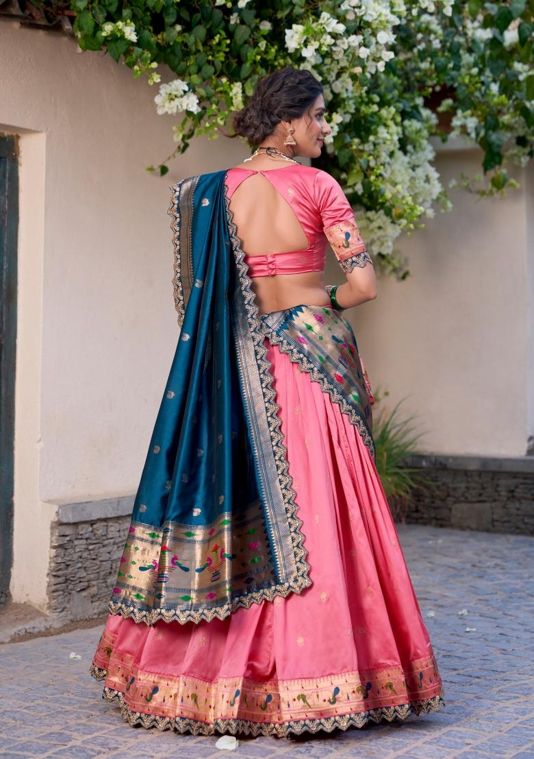 Pink Lace Work Silk Blend Lehenga Set - Indya