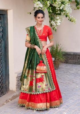 Red Lace Work Silk Blend Lehenga Set