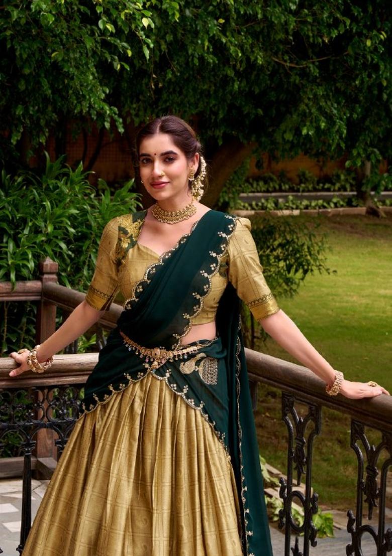 Cream Zari Work Cotton Lehenga Set - Indya