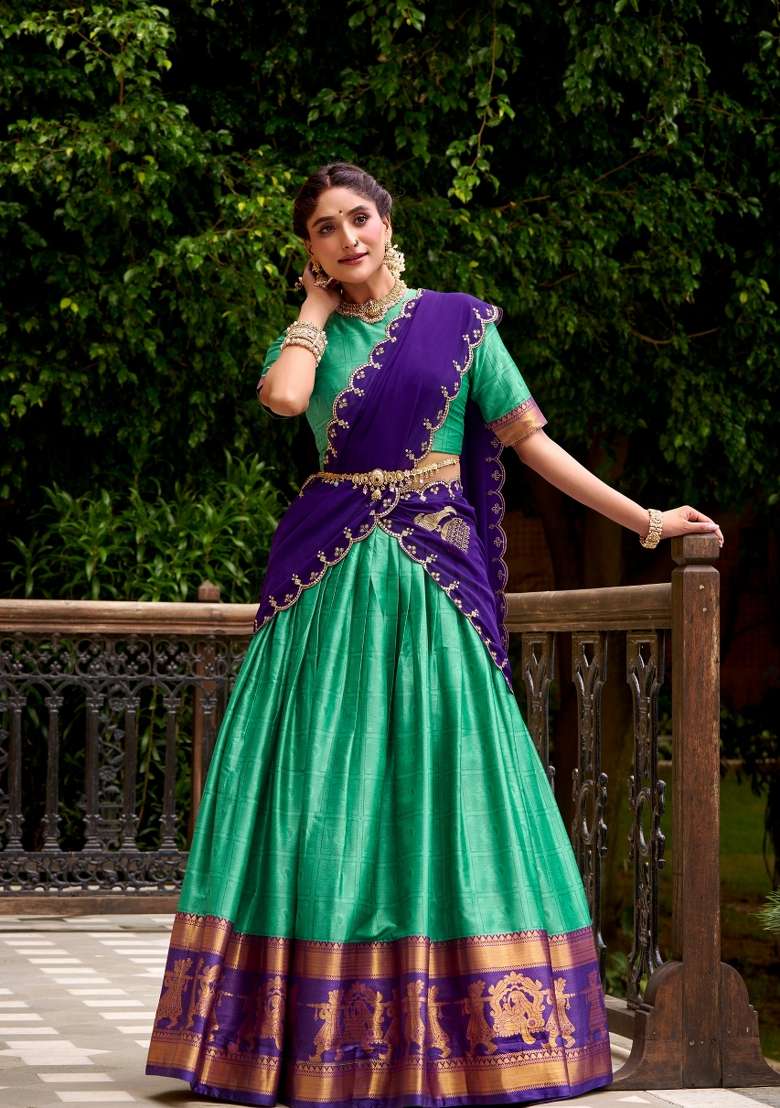 Green Cotton Lehenga Set with Zari Work for Diwali | Wedding & Festive Wear - Indya