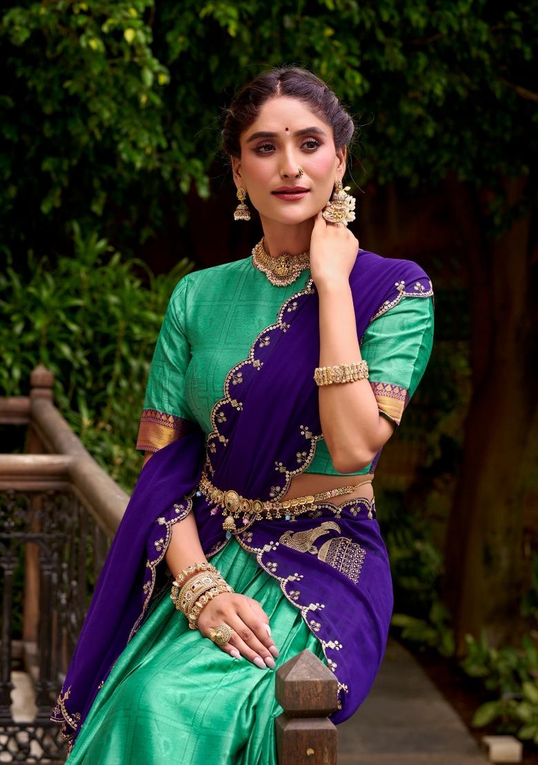 Green Zari Work Cotton Lehenga Set - Indya