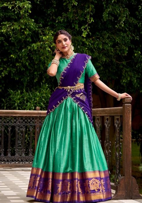 Green Zari Work Cotton Lehenga Set