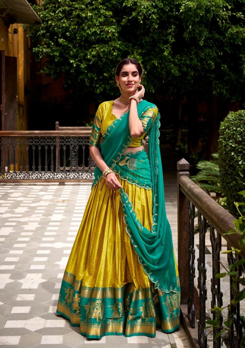 Yellow Zari Work Cotton Lehenga Set - Indya
