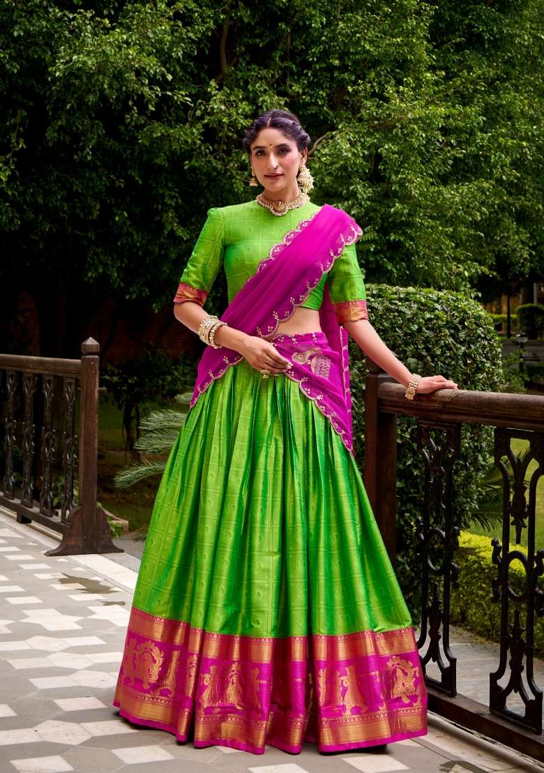 Parrot Cotton Lehenga Set with Zari Work for Diwali | Wedding & Festive Wear - Indya