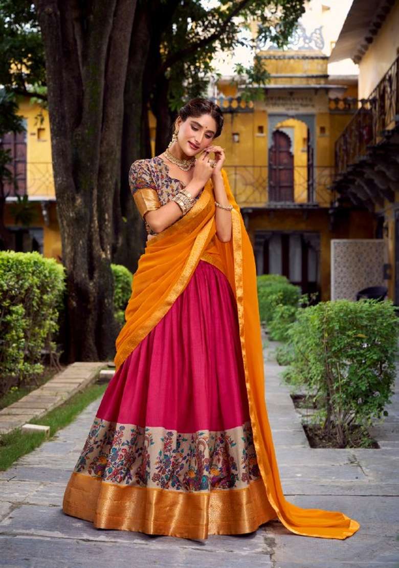 Pink Silk Blend Lehenga Set with Zari Work for Diwali | Wedding & Festive Wear - Indya