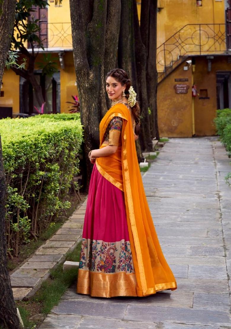 Pink Zari Work Silk Blend Lehenga Set - Indya