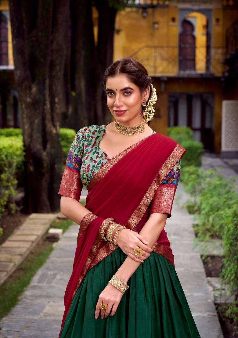 Green Zari Work Silk Blend Lehenga Set for Diwali and Festive Wear - Indya