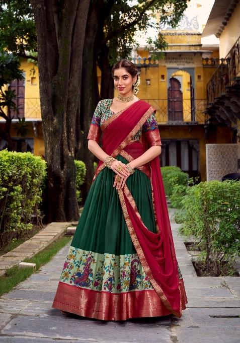 Green Zari Work Silk Blend Lehenga Set