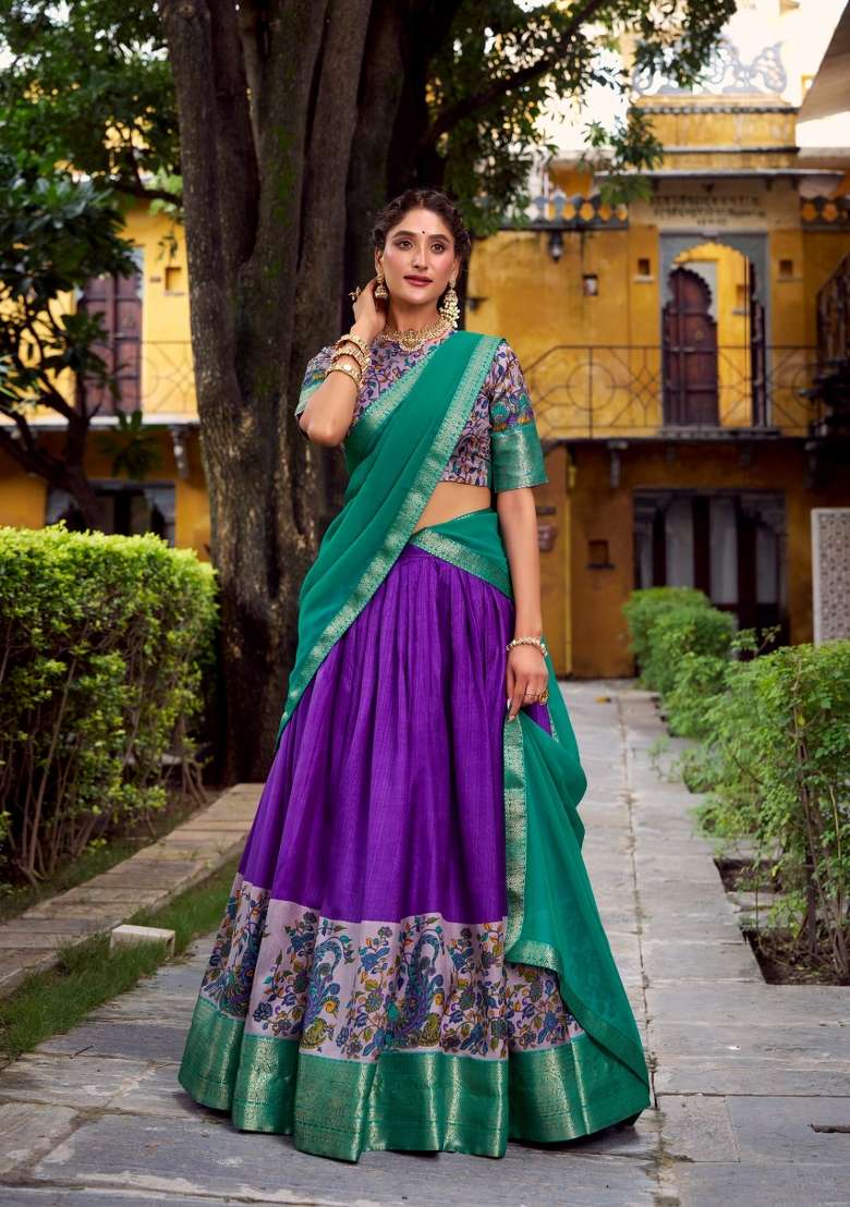Purple Zari Work Silk Blend Lehenga Set for Diwali and Festive Wear - Indya