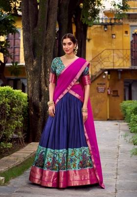 Blue Zari Work Silk Blend Lehenga Set