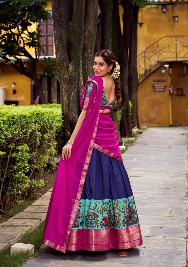 Blue Zari Work Silk Blend Lehenga Set - Indya