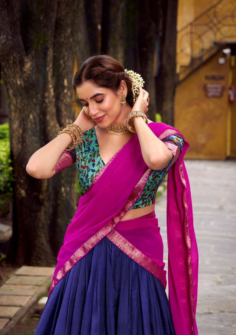 Blue Silk Blend Lehenga Set with Zari Work for Diwali | Wedding & Festive Wear - Indya