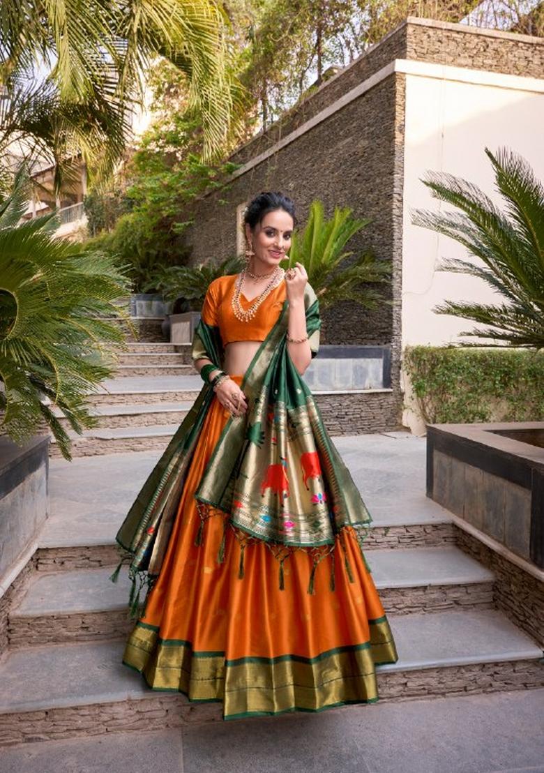 Orange Zari Work Silk Blend Lehenga Set - Indya
