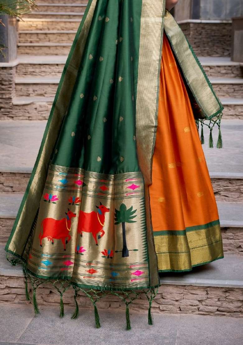 Orange Zari Work Silk Blend Lehenga Set for Diwali and Festive Wear - Indya