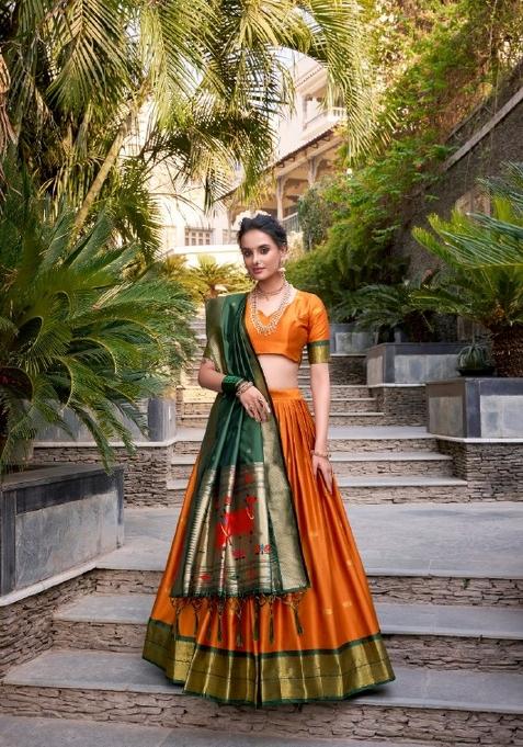 Orange Zari Work Silk Blend Lehenga Set