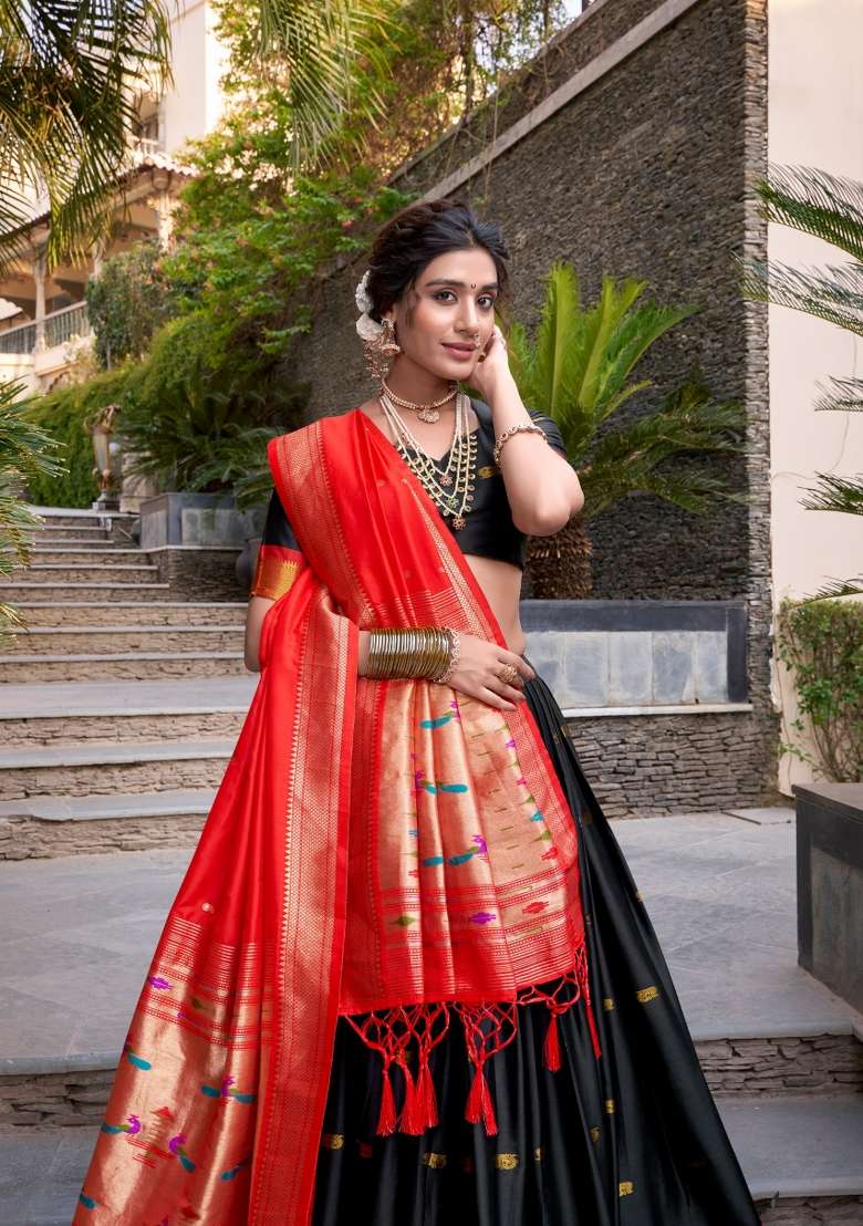 Black Zari Work Silk Blend Lehenga Set for Diwali and Festive Wear - Indya